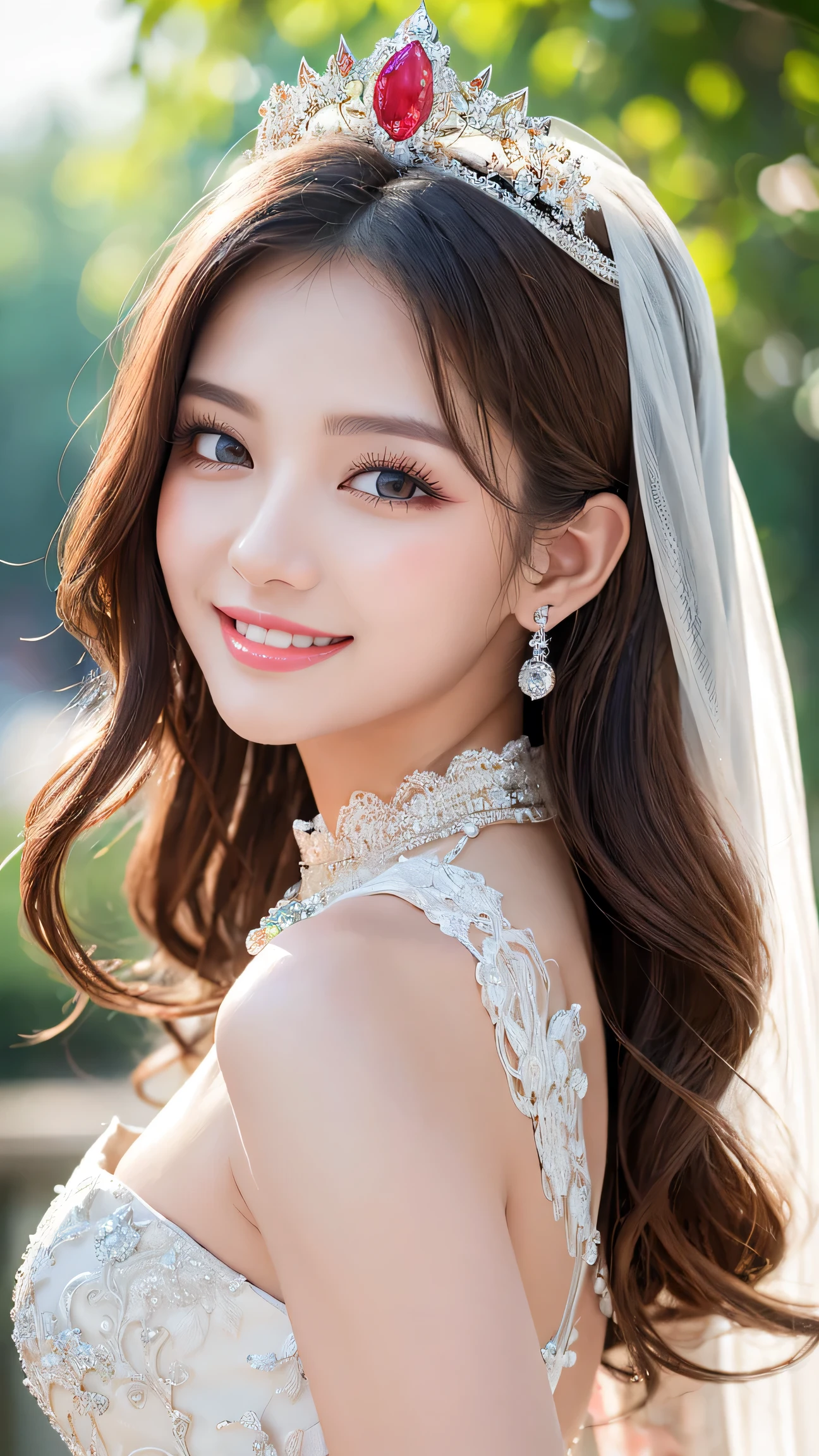 (Highest quality、Tabletop、8k、Best image quality、Award-winning works)、One beautiful bride、(alone:1.1)、(The most extravagant and gorgeous huge wedding dresses:1.1)、(Perfect Wedding Lace:1.2)、(The most extravagant and luxurious giant tiara:1.1)、(The most extravagant and luxurious giant necklace:1.1)、The most beautiful smile is looking at me、A wide selection of the finest jewelry、(Bridal upper body photo:1.1)、Perfect Makeup、Long eyelashes、Ultra HD Shining Eyes、Ultra HD Hair、Ultra High Resolution Glossy Lips、Ultra High Resolution Perfect Teeth、Beautiful face in ultra-high definition、(Accurate anatomy:1.1)、(Very bright and beautiful skin:1.2)、(very bright and vivid:1.2)、(Blurred fresh natural background:1.1)