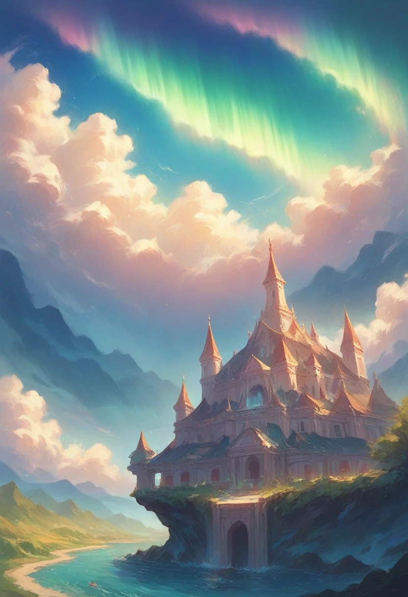 Giant blue whale crossing the sky, girl raising her finger, architecture nature, depth, Aurora boreal