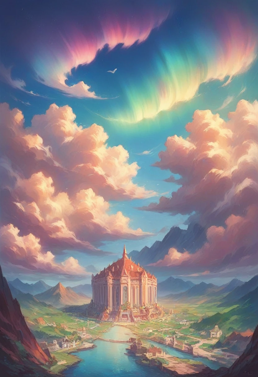 Giant blue whale crossing the sky, girl raising her finger, architecture nature, depth, Aurora boreal