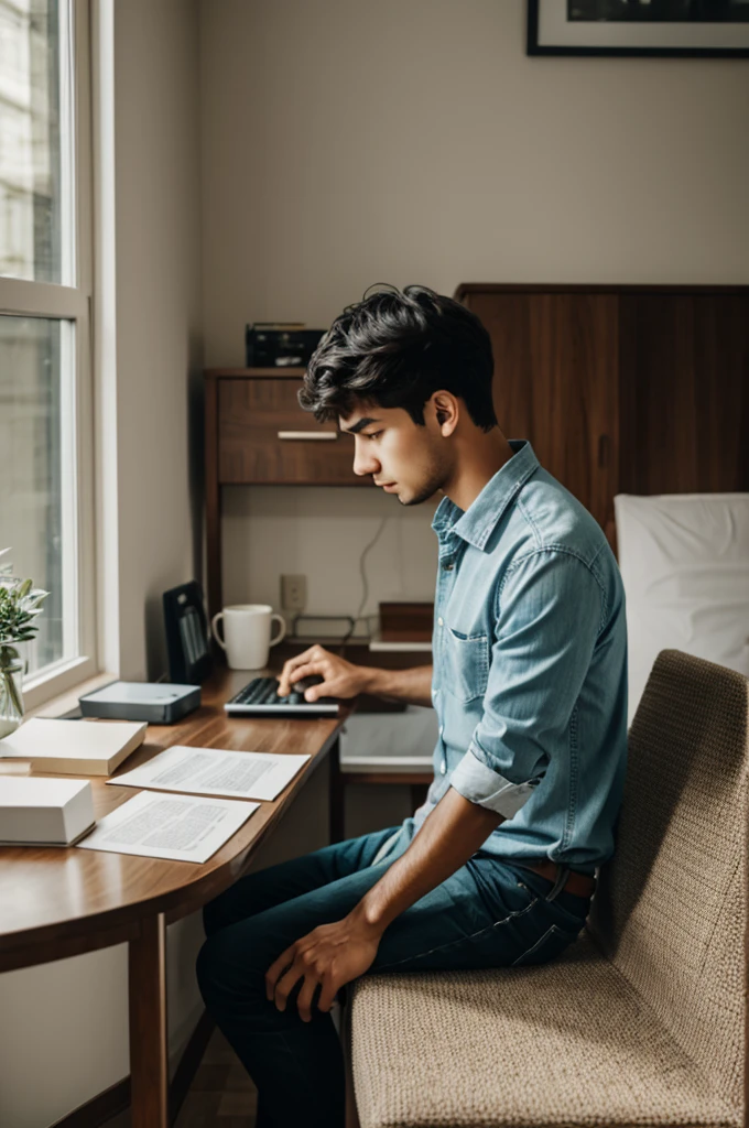 Someone sitting looking at a paper worried