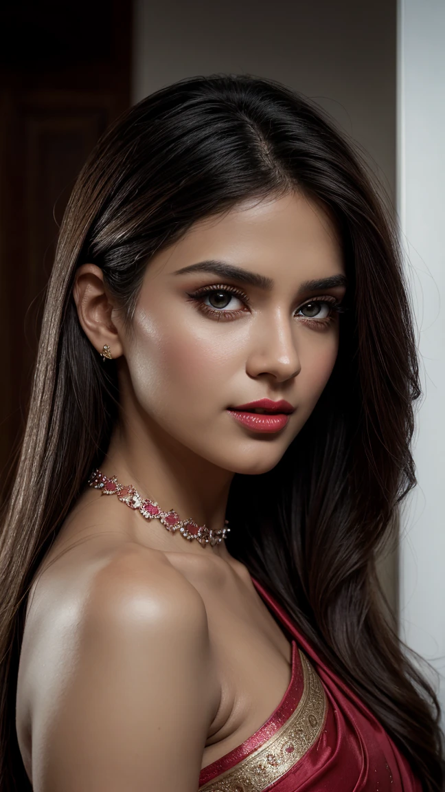 perfect pink eyes, fantastic face, Indian, beautiful appearance, ((Red lips, glare eyes, heir to turn 1.5)), ((beautiful details very large chest )), (Straight and ultra-huge round neckline, no sagging of the chest), A glorious beautiful, glorious beautiful face, Face pretty, glare eyes, detailed elegant printed red saree, fashionable hairstyle, blurred grayscale background, ultra focus, make illuminated, face detailed, 8K resolution, painted, dry brush, brush strokes, Razumov's style and Garmash's style, By Tokaito, (fluorescent colors:1.4),(semi-transparent:1.4),(retro filters:1.4),(imaginative:1.4),Candy World Disneyland Ethereal Soft Fluffy Soft Landscape Forest Snowflakes Pale Pink Blue Green Sky Sparkling Light Ethereal Soft Whimsical Light Stars Rainbow Diamond Glitter Gemstone Background Ultra Realistic Ultra High Quality Cinematic Lighting Huge Details Full HD Painting Lots of light,diagonal bangs,
dress with collar,raw work side, best quality,realskin,(sports portrait:1.5), 1 , rhombus stripe, cabelo longo e branco,