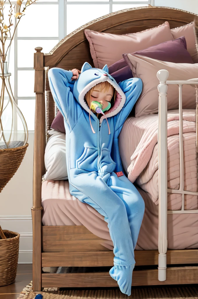 An anime image of a small boy sleeping in a large nursery room, (wearing dragon hoodie-footie pjs), (((wearing a diaper))), ((sleeping soundly in a crib)), (crib), pacifier, peaceful expression, soft lighting, solo, ((1boy)), warm colors, ((highly detailed)), (extremely detailed), masterpiece, anime style, beautiful detailed eyes, soft bedding, plush fox hoodie, adorable, comfort, cozy, restful, hood up,