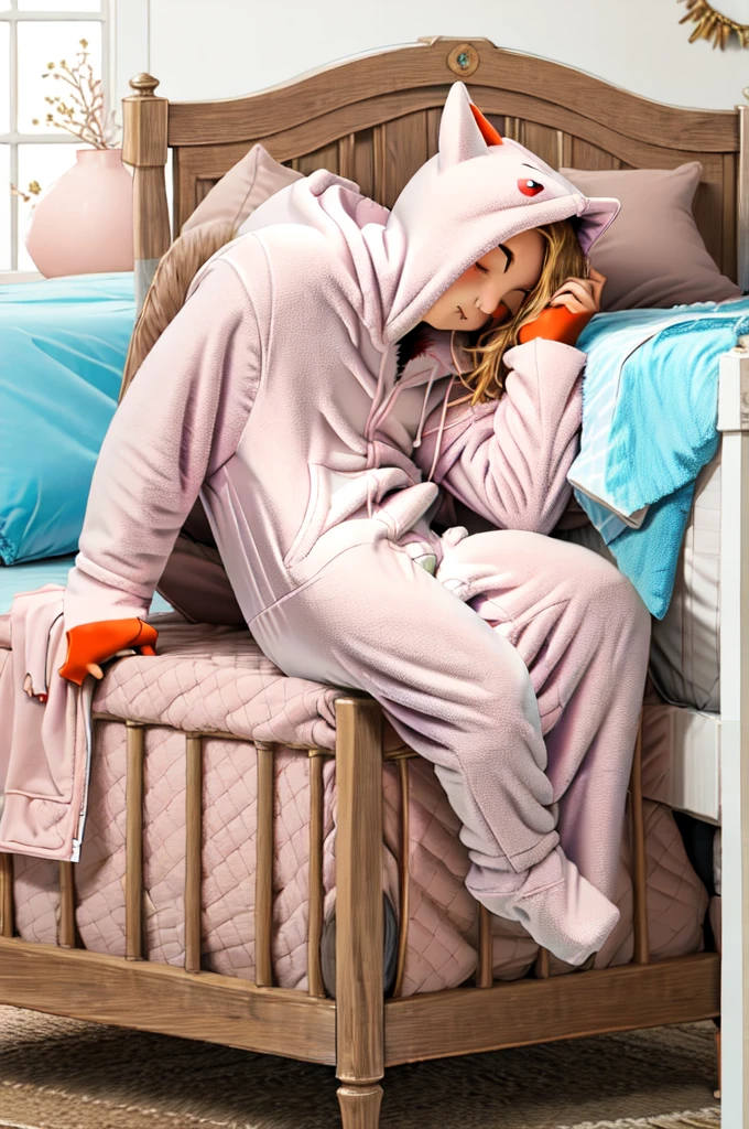 An anime image of a small boy sleeping in a large nursery room, (wearing dragon hoodie-footie pjs), (((wearing a diaper))), ((sleeping soundly in a crib)), (crib), pacifier, peaceful expression, soft lighting, solo, ((1boy)), warm colors, ((highly detailed)), (extremely detailed), masterpiece, anime style, beautiful detailed eyes, soft bedding, plush fox hoodie, adorable, comfort, cozy, restful, hood up,