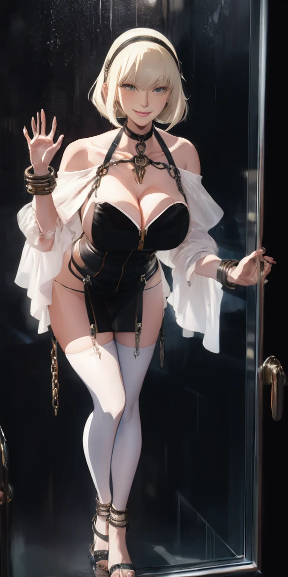 dark fantasy anime illustration of a (mature MILF BIMBO albino skin and short white hair), (FULL BODY) perfect face, wearing tight leather stealth armor, stalking, BIG KNOCKERS CLEAVAGE, lustful smirking smile red blush red cheeks, chain leash, kneeling, shackles, leather black collar slave, ((BLACK background)) hands on glass WITH KNOCKERS on glass, glass window fog water drop, 5 fingers each hand, metal handcuffs, black choker collar, thigh highs, long legs, metal ankle, metal sandals, metal shoulders, standing straight symmetrical against glass