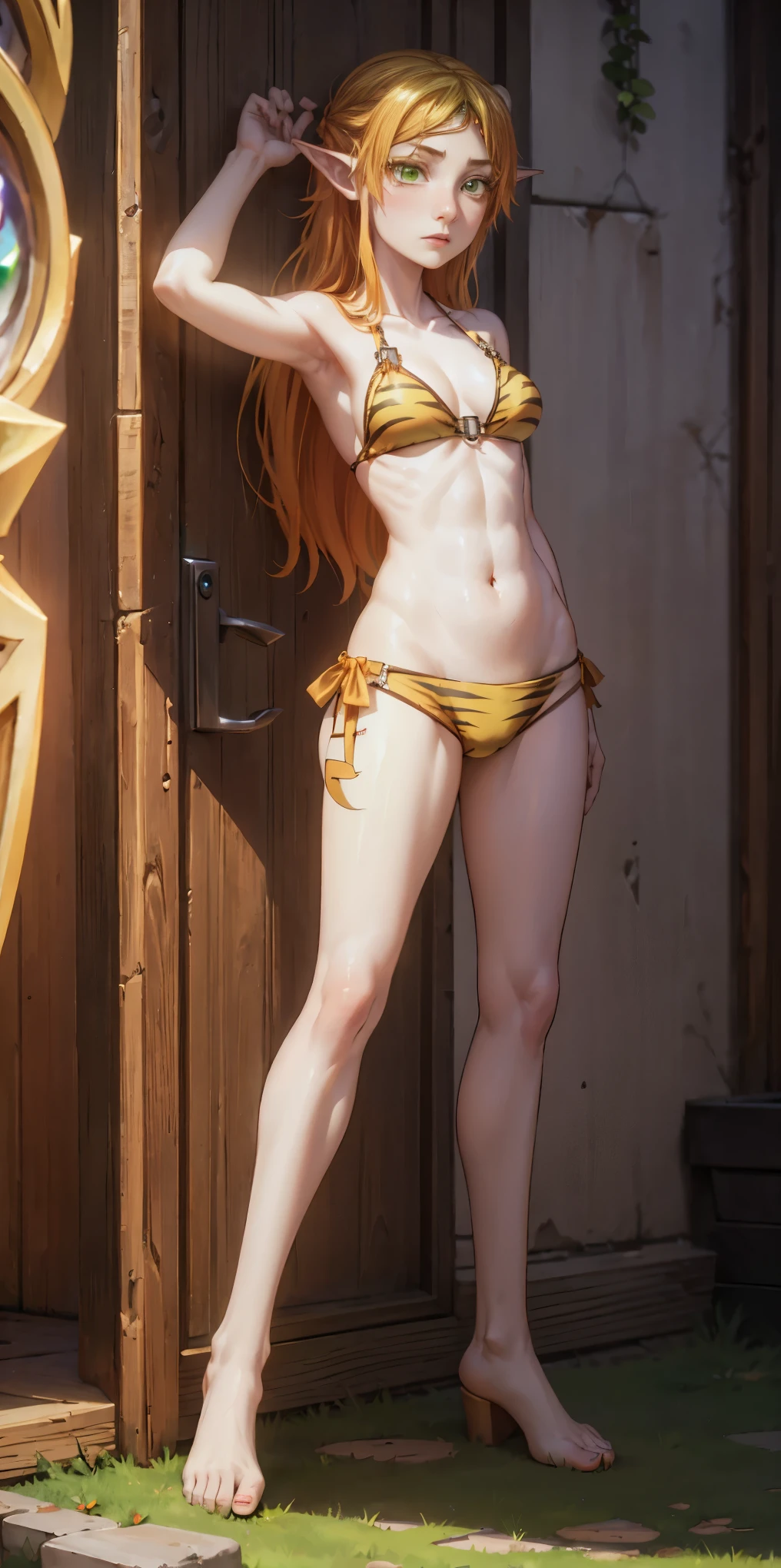 tsundere elf full body toe to head, long hair, blonde hair (green eyes:1.1) pointy ears, elf, multicolored hair, forehead jewel, yellow tiger bikini, standing symmetrical, plain background