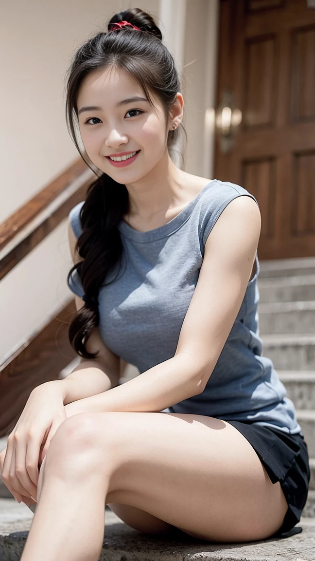  8K picture quality、high resolution、Realistic skin texture、high resolutionの瞳、Miss、Miss in the summer forest、Sleeveless knitted shirt、Short pleated skirt,Thin legs、sports shoes,Princess hairstyle、Thin、From below,From the front,Middle-parted bangs,quantities,Black Hair,Long hair,iris,beauty's eyes,Smile,、Radiant Skin,Glowing skin,Climb stairs,Fire escape routes in buildings,Beautiful leg line beauty,Attractive thighs,Full of sexiness,sensuous,Carefree Smile,Heal the mind,Low Ponytail,beauty,Long Neck,Smile,Large Breasts、(a charming smile:1.2), Brown hair、Large target、Sweat accumulates on the chest、Comb your hair up