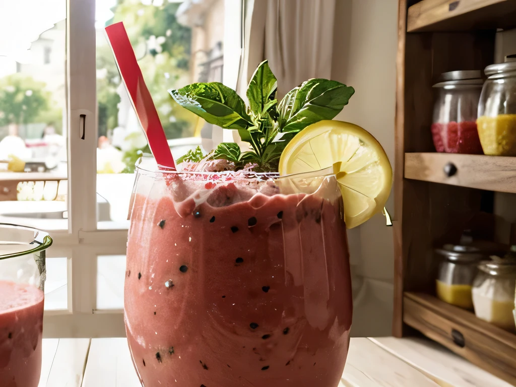 Create a photo of a watermelon smoothie ,basil, chia seed and lemon juice that the decoration is the ingredients and is in a shop glass