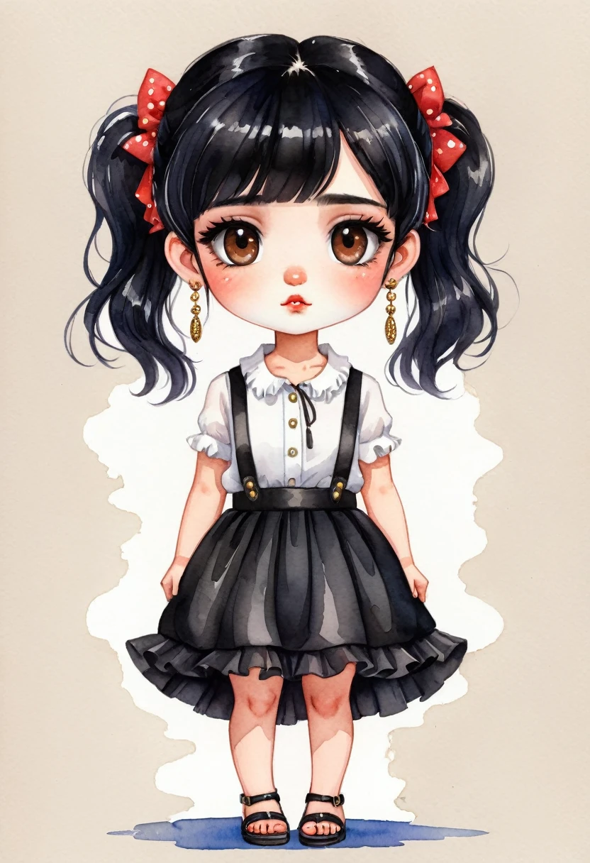 chibi,digital artwork, illustrative, painterly, matte painting, highly detailed ,Miniature Painting, watercolor style, cartoonA woman looking straight ahead,Perfect face, she has black hair with bangs, brown eyes, small freckles on her face, earrings in her ears and a chain on her arm. She is wearing a black skirt and white blouse with ruffles. She has black sandals on her feet. watercolor style, kawaii style. high quality, by Harumi Hironaka and Camilla d'Errico