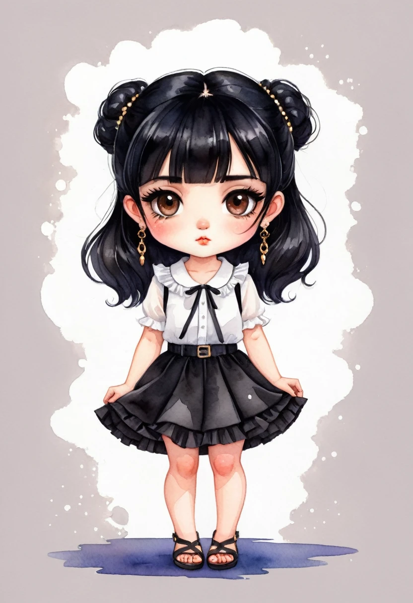 chibi,digital artwork, illustrative, painterly, matte painting, highly detailed ,Miniature Painting, watercolor style, cartoonA woman looking straight ahead,Perfect face, she has black hair with bangs, brown eyes, small freckles on her face, earrings in her ears and a chain on her arm. She is wearing a black skirt and white blouse with ruffles. She has black sandals on her feet. watercolor style, kawaii style. high quality, by Harumi Hironaka and Camilla d'Errico