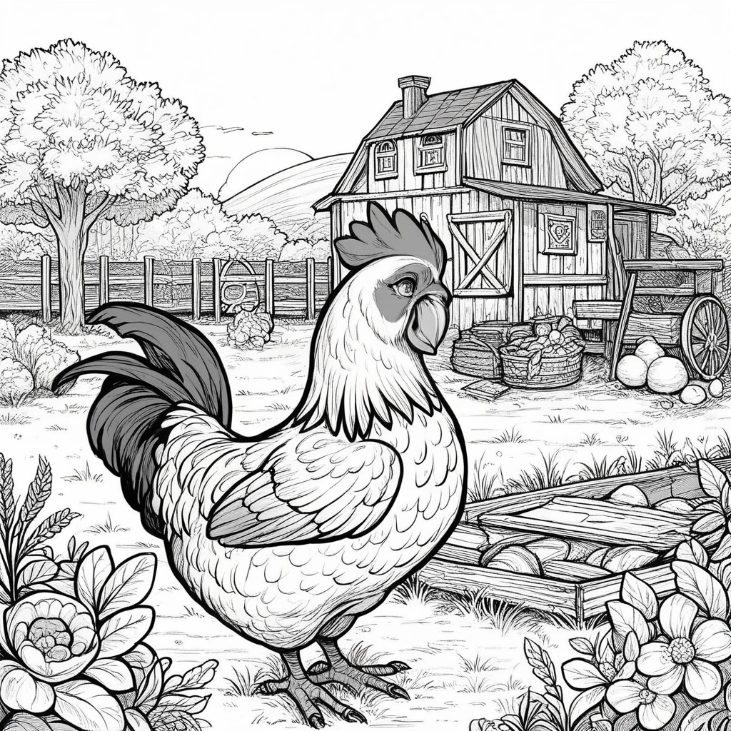Coloring Book Page of a chicken in a farm yard,4k realistic,no shading thick lines black and white background,no coloring 