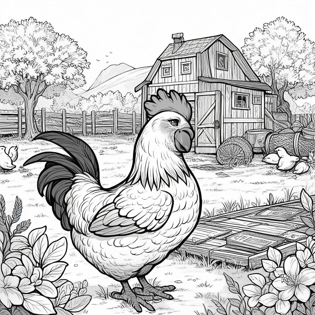 Coloring Book Page of a chicken in a farm yard,4k realistic,no shading thick lines black and white background,no coloring 