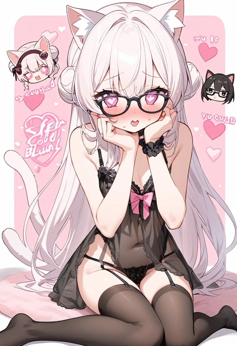 I have white pink hair, cat ears, a bun, my face is super blushing, black glasses, pink heart eyes, and if you could, in lingerie, black stockings, a cat&#39;s tail, a very shy girl, that you are lying on your bed how suspicious it is very small