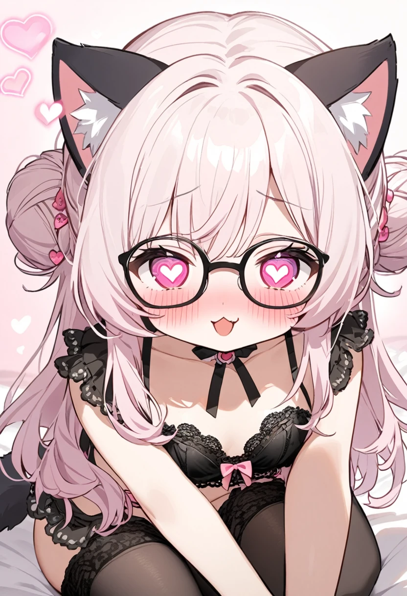 I have white pink hair, cat ears, a bun, my face is super blushing, black glasses, pink heart eyes, and if you could, in lingerie, black stockings, a cat's tail, a very shy girl, that you are lying on your bed how suspicious it is very small