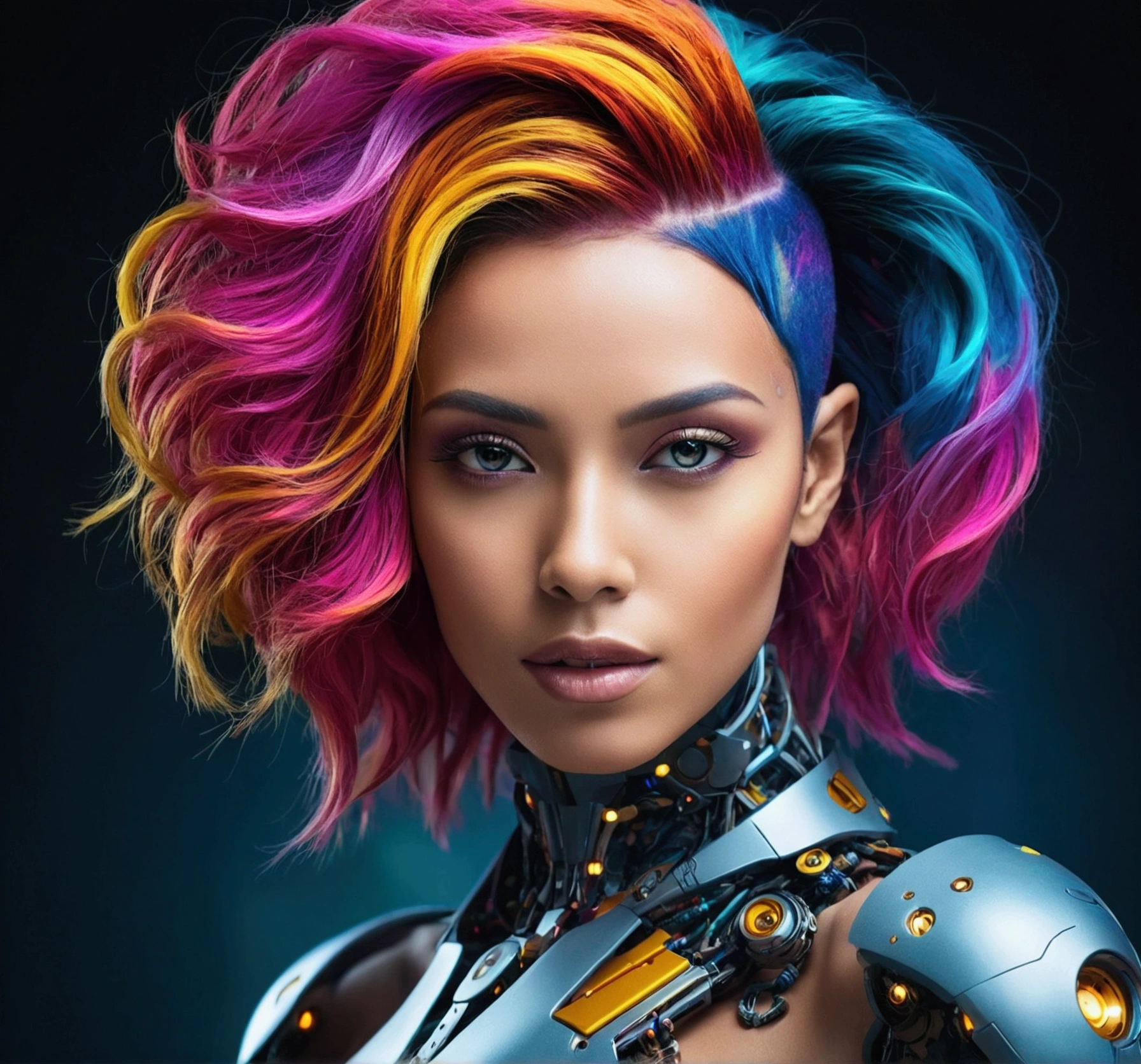 "A stunning, beautiful woman with colorful hair, high-resolution photo capturing the essence of a futuristic cyborg with intricate details and dynamic angles."