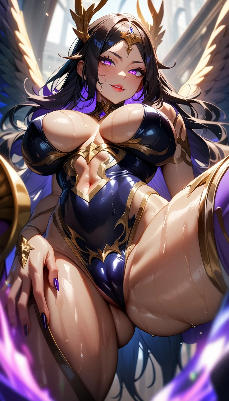 1girl,solo,super detailed skin,shiny skin,wet oily skin, seductive smile, majestic wings,angelic skin, detailed eyes,eyelashes,lips gloss,beautiful nails ,large breasts,beautifully shaped breasts, majestic aura,vibrant colors,model pose,wide shot,cameltoe,masterpiece,best quality,ultra detailed,high resolution,sharp focus,depth of field,