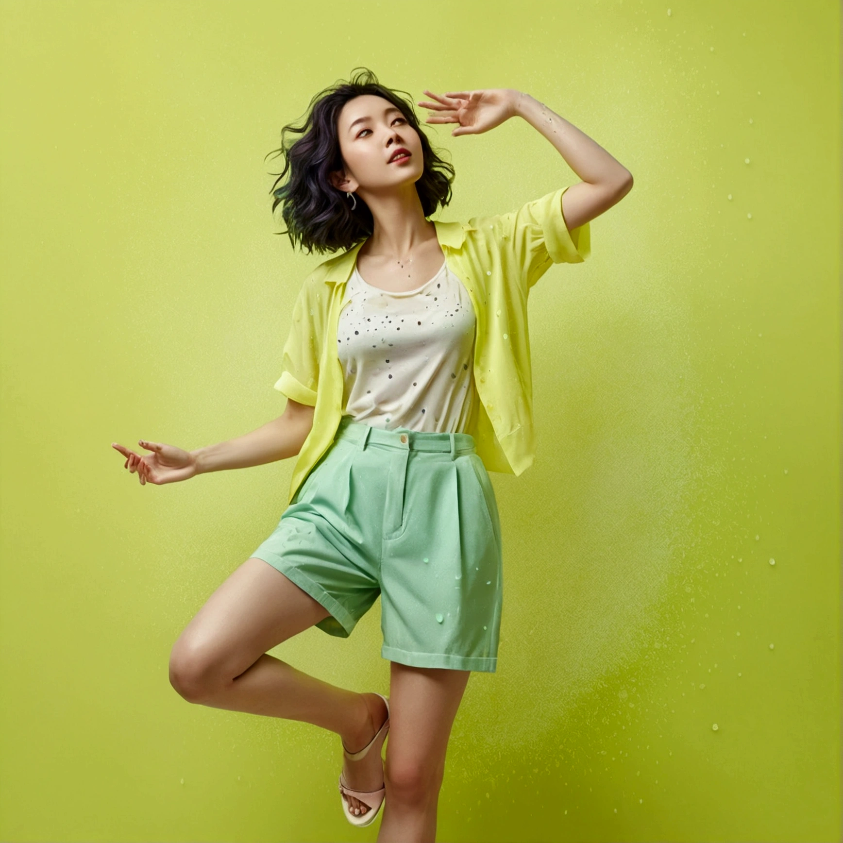 Random full-body poses of a ladylike woman, Great design, Pastel fluorescent background, Ink droplets, Summer Light、Realistic、