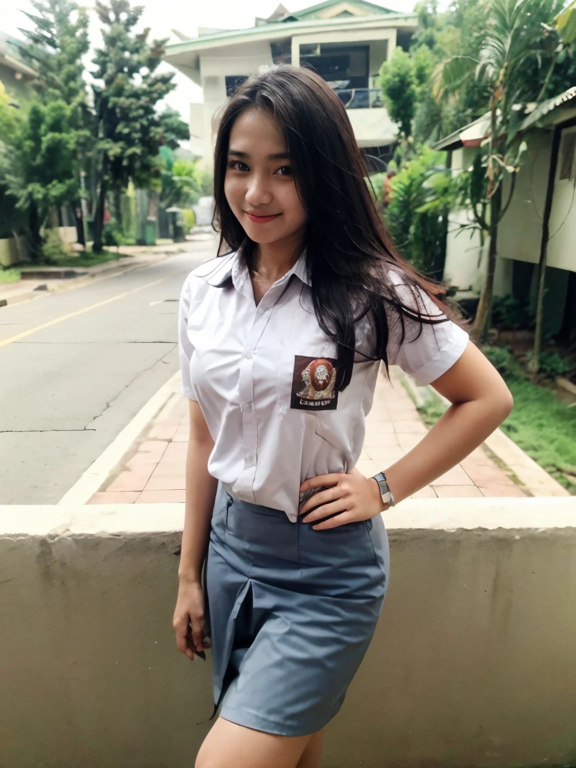 Masterpiece, hd, female, 1 beautiful indonesian girls, wearing indonesian high school_uniform, indonesian high grey skirt, smile, dynamic pose, good hand angle, white shirt, masterpiece, best quality, highres, HD, 8k, textured skin, high quality, (Indonesia:1.2), standing, outdoor