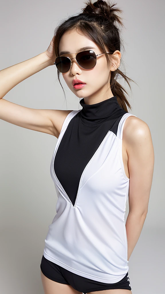 vivid,Normal chest,((between legs)),cute,(Detailed face),cloth,Sharp Eyes,Turtleneck sleeveless sporty lightweight(White plastic)Clothes,Ultra-high resolution,（Photorealistic：1.7）,Black long hair,Gray background,Have sunglasses,