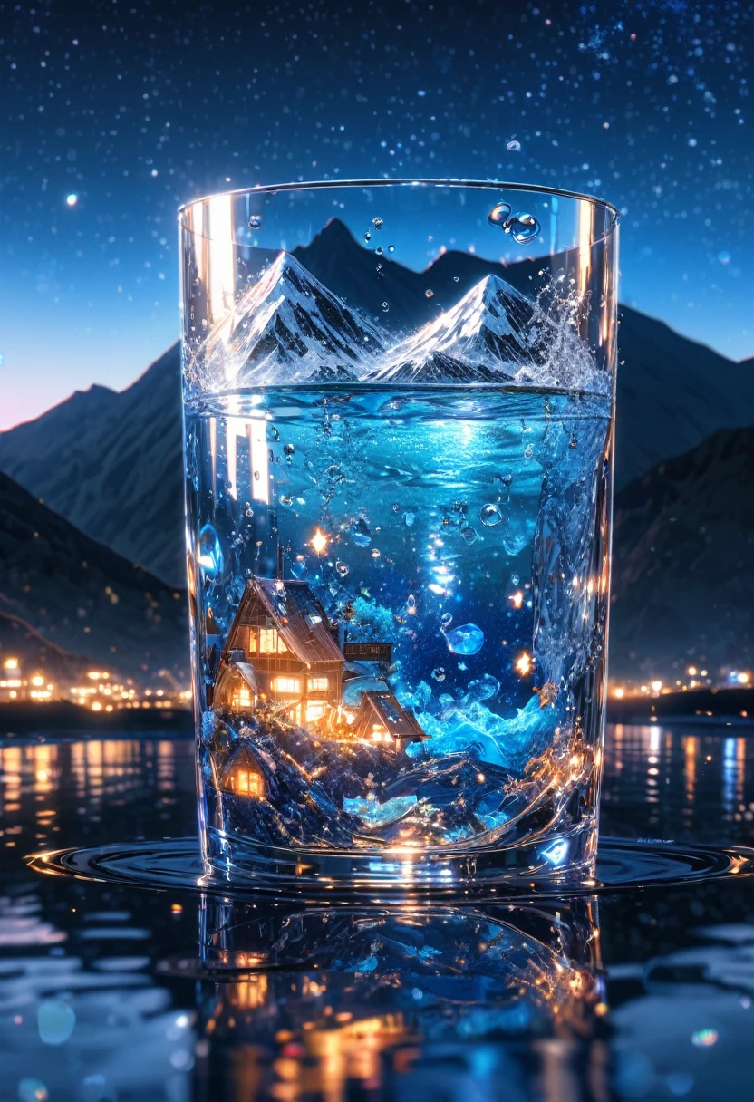 Super detailed, 8k, glass, Water in a glass, bubble, Right blue water, nice, bright,glassの中に富士山、Starry Sky