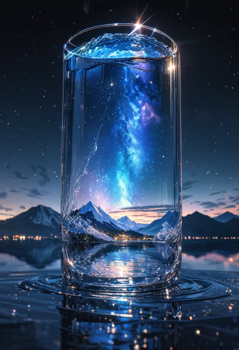 Super detailed, 8k, glass, Water in a glass, bubble, Right blue water, nice, bright,glassの中に富士山、Starry Sky