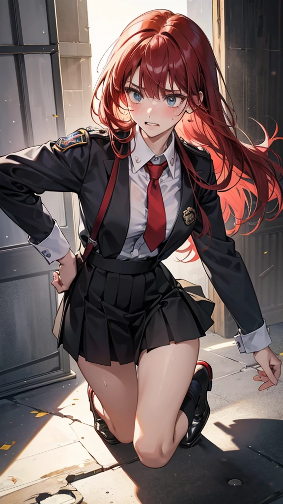 {{masterpiece}}, {{{Highest quality}}},{{Very detailed}}, {{figure}},{{tall}},{{Adult female}},,{{Fighting stance}},｛Ryona｝,{{Long sleeve mini skirt uniform}},{on one knee{}},}}{}},{fighting stance}},{},{}, ,{{}},{{Eyelet foot}},,{{}},{{}},,{{}},{{}},,Slender body}}{{Avoidance}}{{Female police officer}},,,,suspenders　,Long sleeve mini skirt uniform, White High Socks,Black fingerless gloves, Long Red Hair, Red tie,Straight hair ,Blunt bangs,Thigh holster,.amountn loafer,,blush,Wrinkles ,amount,Grit your teeth,suffering,v-shaped eyeamounts.,Sweat dripping,Medium chest ,get annoyed,,Slums,,Twisting,