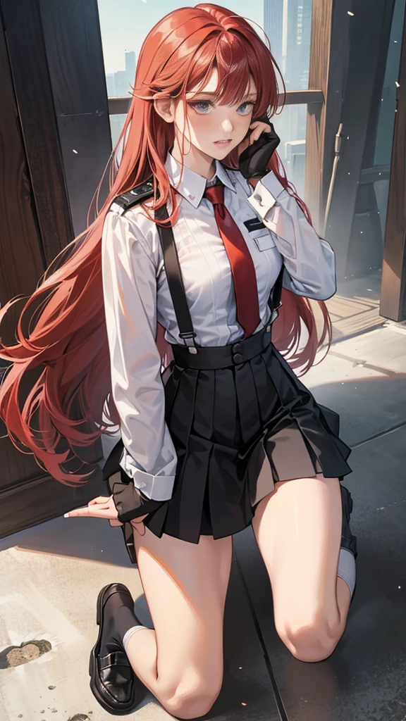 {{masterpiece}}, {{{Highest quality}}},{{Very detailed}}, {{figure}},{{tall}},{{Adult female}},,{{Fighting stance}},{Ryona},{{Long sleeve mini skirt uniform}},{on one knee{}},}}{}},{fighting stance}},{},{}, ,{{}},{{Eyelet foot}},,{{}},{{}},,{{}},{{}},,Slender body}}{{Avoidance}}{{Female police officer}},,,,suspenders ,Long sleeve mini skirt uniform, White High Socks,Black fingerless gloves, Long Red Hair, Red tie,Straight hair ,Blunt bangs,Thigh holster,.amountn loafer,,blush,Wrinkles ,amount,Grit your teeth,suffering,v-shaped eyeamounts.,Sweat dripping,Medium chest ,get annoyed,,Slums,,Twisting,