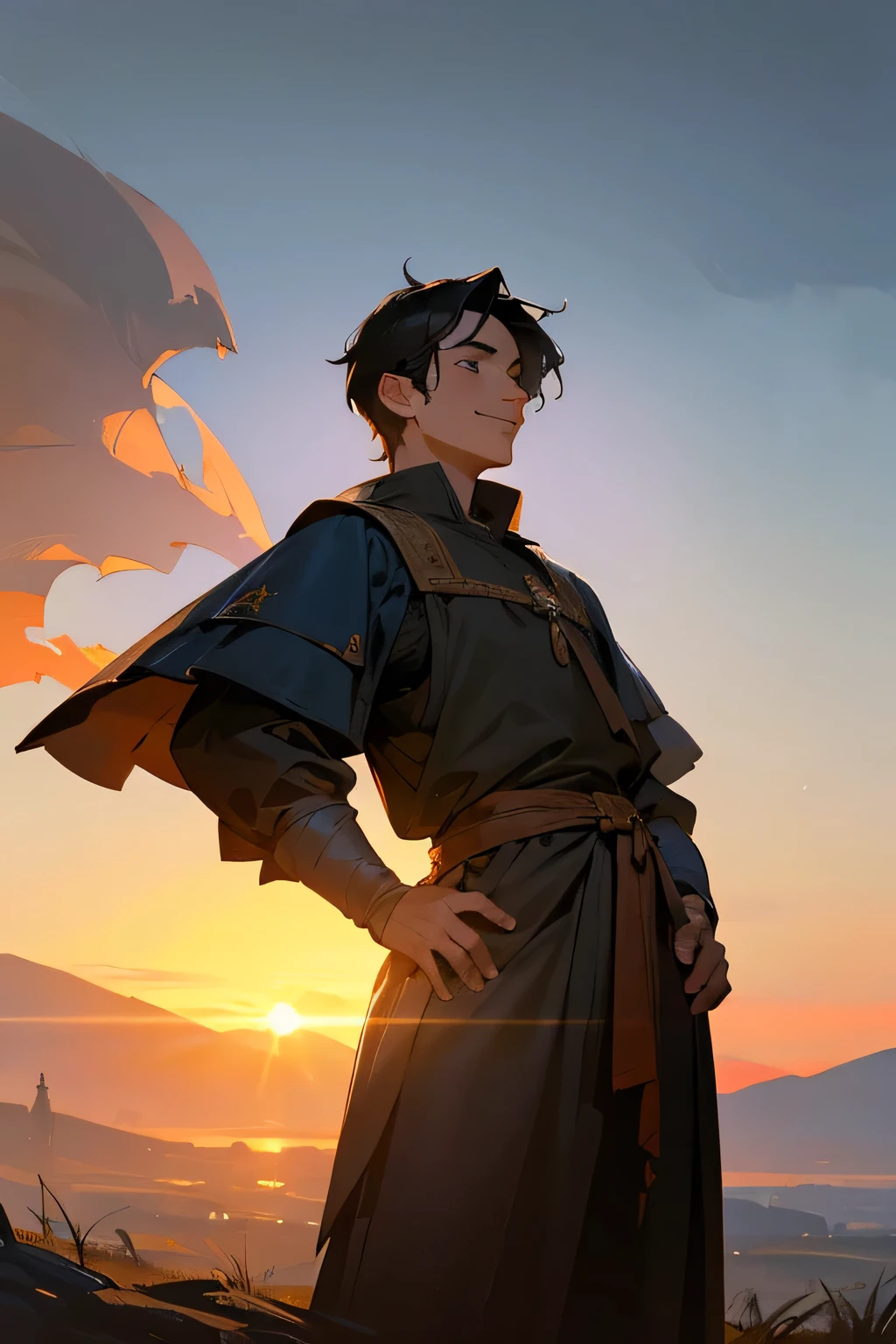 a happy boy standing with his hands on his hips, straight black hair, medieval clothing, medieval sunset landscape, detailed face, highly detailed, 8k, photorealistic, cinematic lighting, dramatic colors, volumetric fog, realistic skin pores, masterpiece