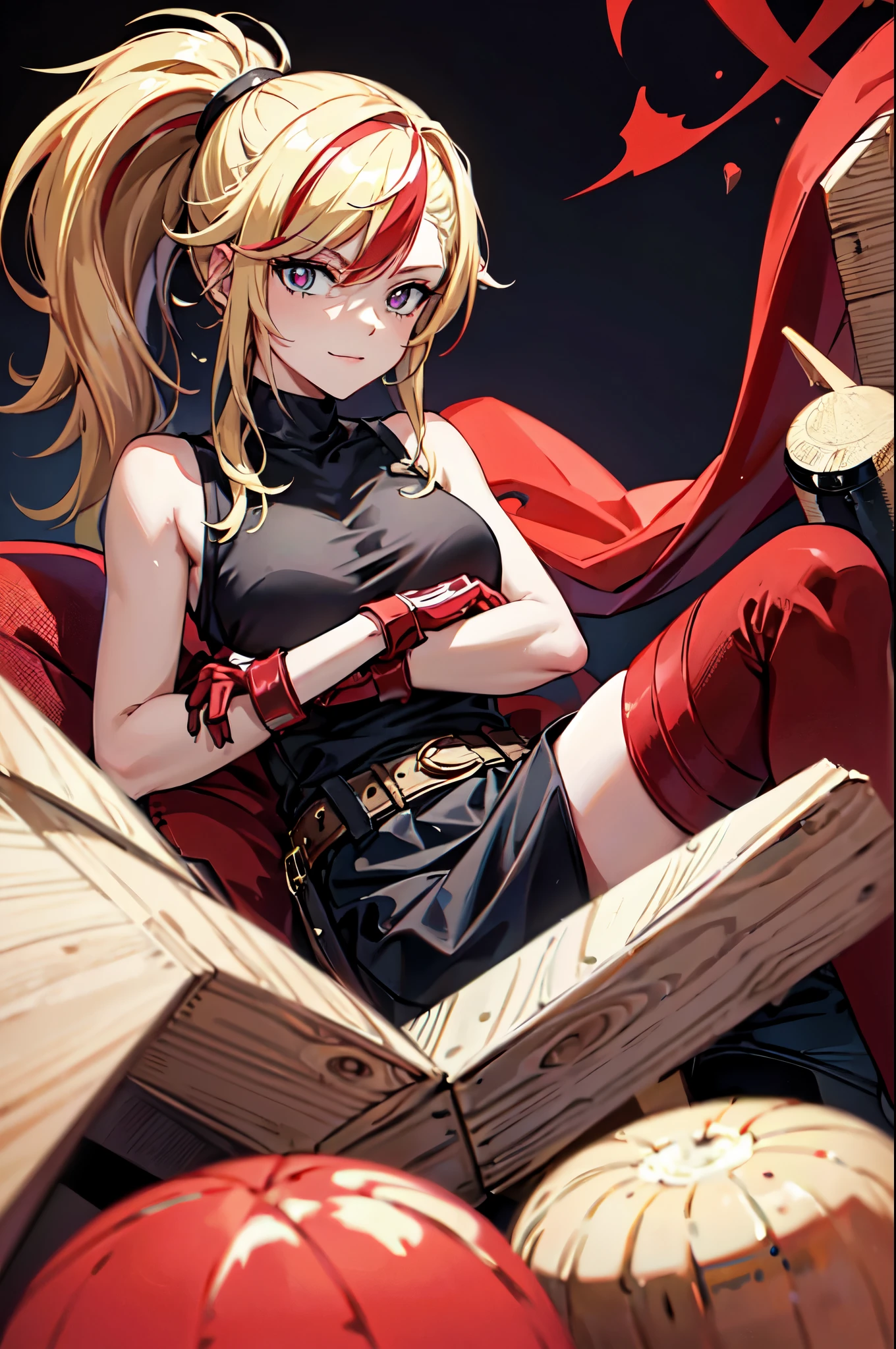 (masterpiece, best quality:1.2), red glowing eyes, red eyes, the eyes are red, perfect face, strong make up, highres, 1 girl, ultra long ponytail, (female:1.5), strife, blonde hair streaked with lots of red highlights, two colors hair (blond and red), hight flame mistress outfit, shoulder armor, sleeveless turtleneck, suspenders, belt, gloves, bracer pre potent smile, crossing legs, crossing arms , evil smile, evil pose, sitting, portrait, looking at viewer,  Her hair is streaked with lots red and blonde highlights, moon tribal tattoo.