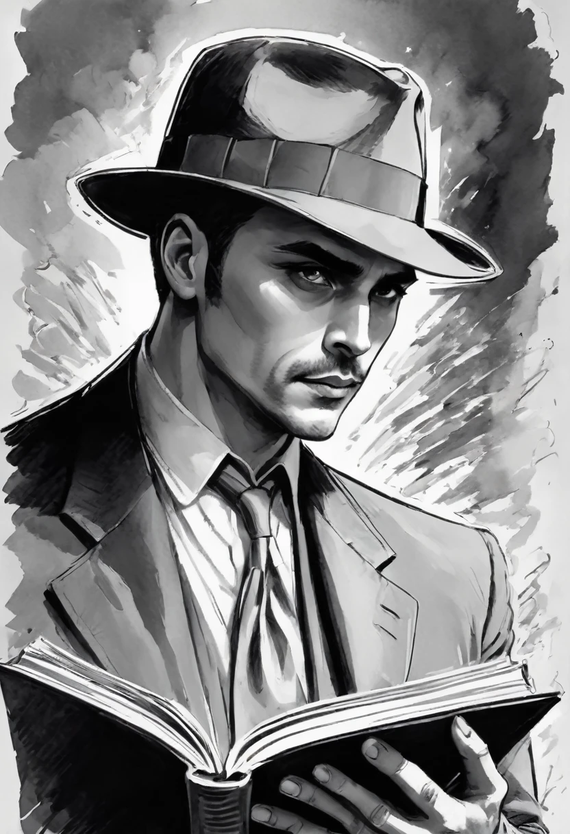 Sketch of Detective Inspector, featuring a man, captivating gaze, clutching a book, only upper body visible, subtle shading to suggest a chiseled jawline, heroic stature,mismatched pages, charcoal, noir style, story-packed eyes, under sharp overcast lighting,  sketchbook aesthetic, grayscale, soft texture, expressive line work, monochrome with hues of gray, pen-drawn detail,sk3tch,v0ng44g