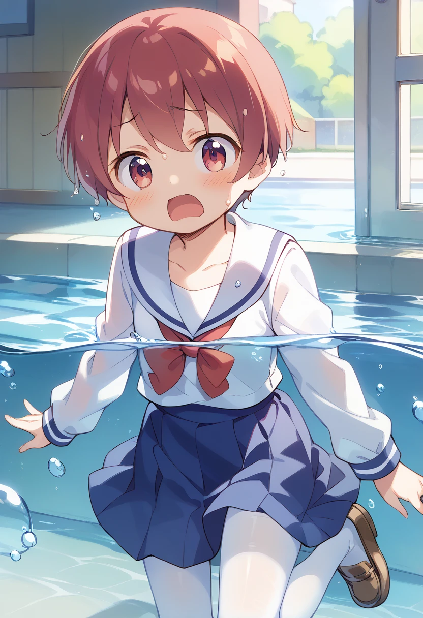 score_9, score_8_up, score_7_up, source_アニメ, masterpiece, 1girl, watahana, school uniform, blue dress, sailor dress, pinafore dress, white sailor collar,white shirt, red bowtie, long sleeves, flat chest, white pantyhose, loafers, from above, indoors, shiny hair, cuteポーズ, (Completely flooded)、((The skirt spreads over the water surface.))、(Drowning), Immersed in water、Transparent pool, Water Play, Primary school students、Skirt fully open、Long wide skirt、cute、blush、Watery eye、Lots of water、Wet
