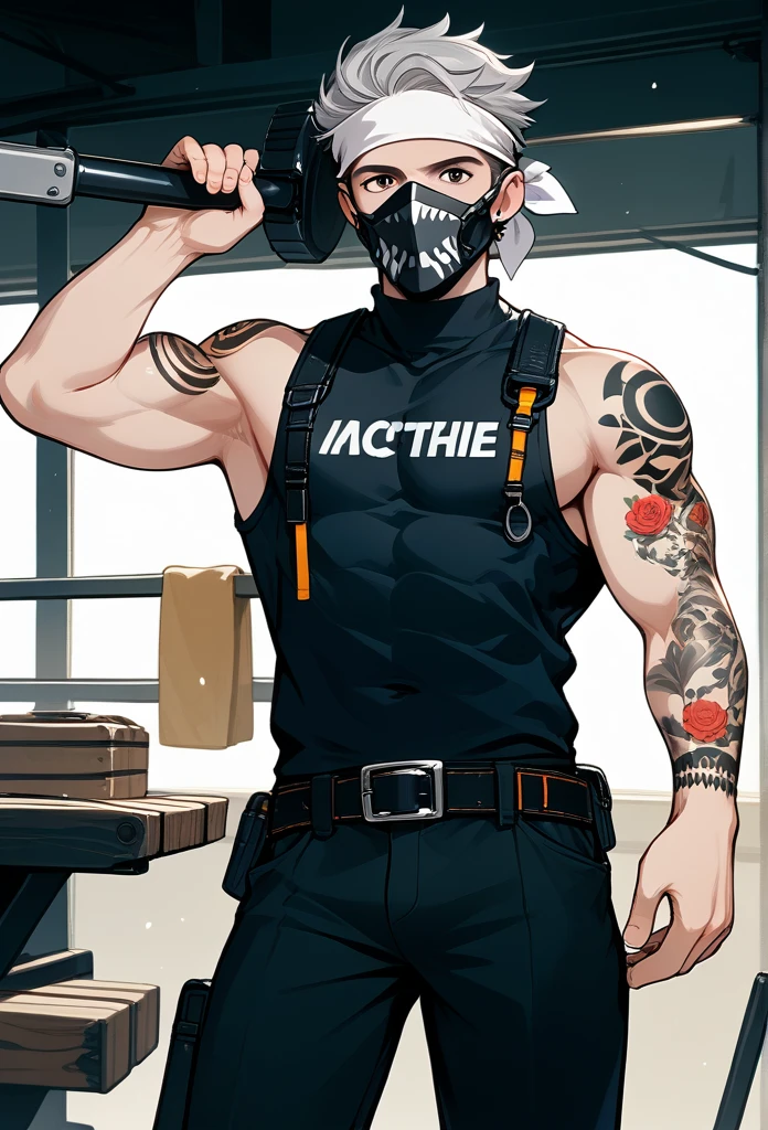 masterpiece, best quality, male, (masked face, full mask, covered face), white bandana, gray hair, short hair, spiky hair, mature body, muscular body, mechanic pants, tool belt, workshop, tattoos, covered in tattoos, dragon tattoo, holding hammer