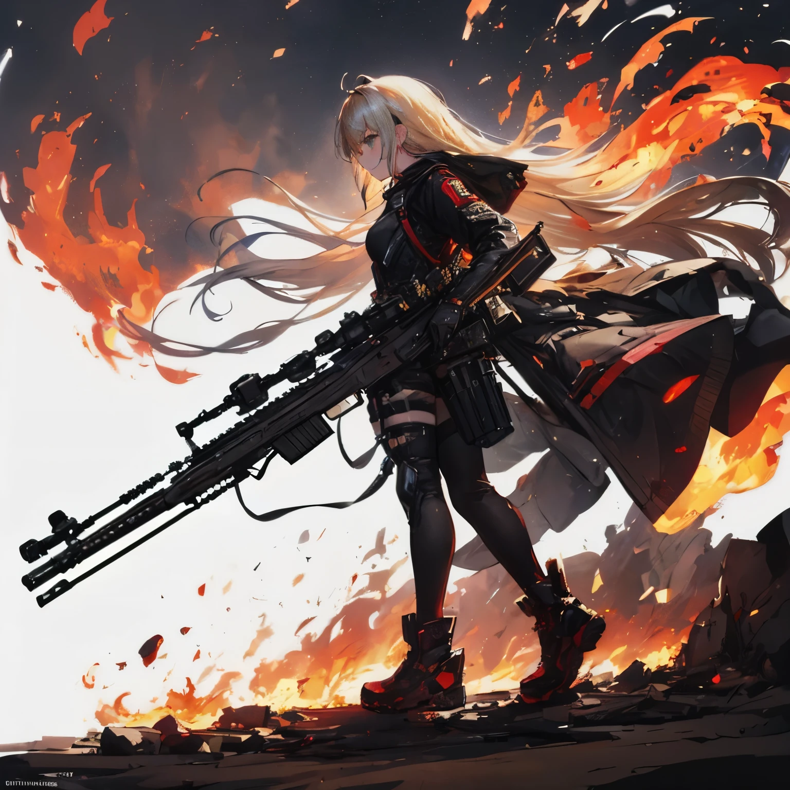 {{masterpiece, highest quality, Very detailed CG, unity 8k wallpaper, cinematic ligHting, Lens flare}}, a girl sHooting a rifle, wide field of view, full body, tHick body, long blond Hair, green eyes, (Holding weapon, Holding rifle, Targeting, Target, fire, firing:1.4), gun, H&k Hk416, carbine, (Side view:1.4)
