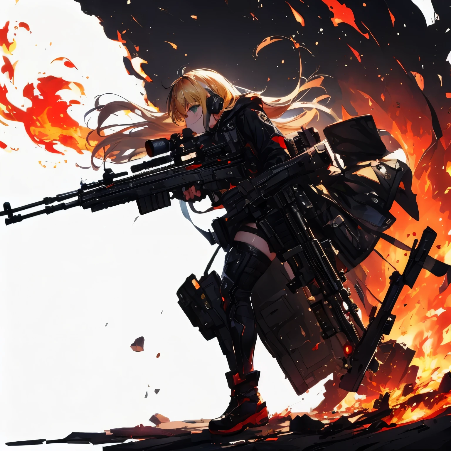 {{masterpiece, highest quality, Very detailed CG, unity 8k wallpaper, cinematic ligHting, Lens flare}}, a girl sHooting a rifle, wide field of view, full body, tHick body, long blond Hair, green eyes, (Holding weapon, Holding rifle, Targeting, Target, fire, firing:1.4), gun, H&k Hk416, carbine, (Side view:1.4)