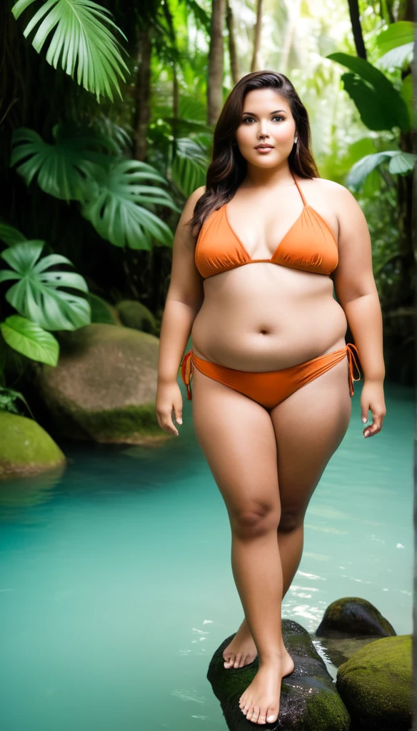 Ultra realistic full body photo of chubby woman in bikini, in jungle, natural lighting.