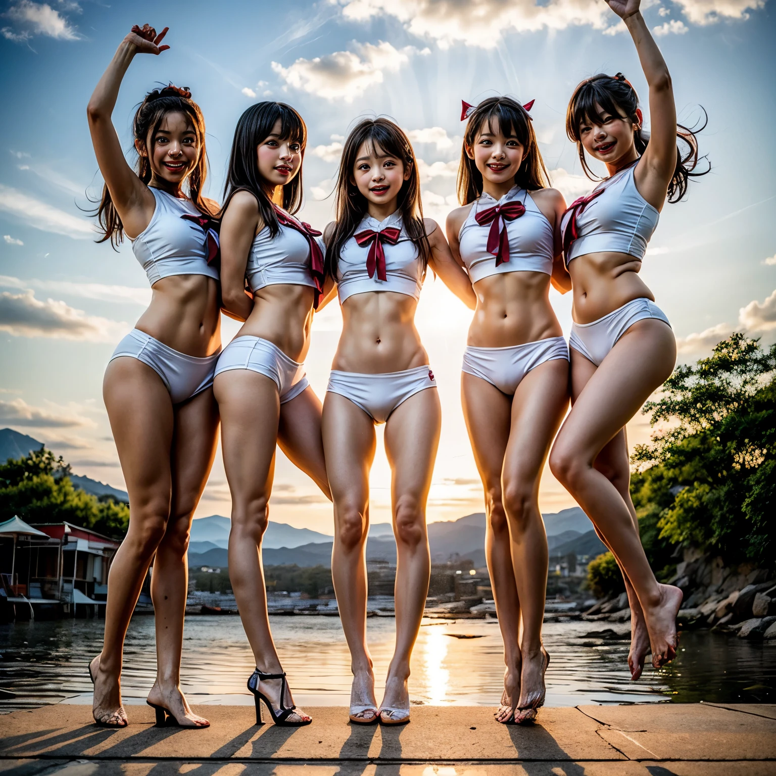 ((ExtremelyDetailed (12 PUNIPUNI KAWAII Girls in a row:1.37) in WHITE at Dusk Enoshima Beach)), (masterpiece 8K TopQuality) (ProfessionalPhoto:1.37), {(Standing Full Body:1.2)|(from below:1.2)}, Different types of hair colors, {Tight skinny((school swimwear))Ass visible through thighs|SchoolUniform[with Thongs]}, {Detailed BabyLike hand|Hidden hand|armpit peek|DAKINAKURA}, Joyful Expressions LifeLike Rendering, PerfectLighting, [RainbowColorHorizon]