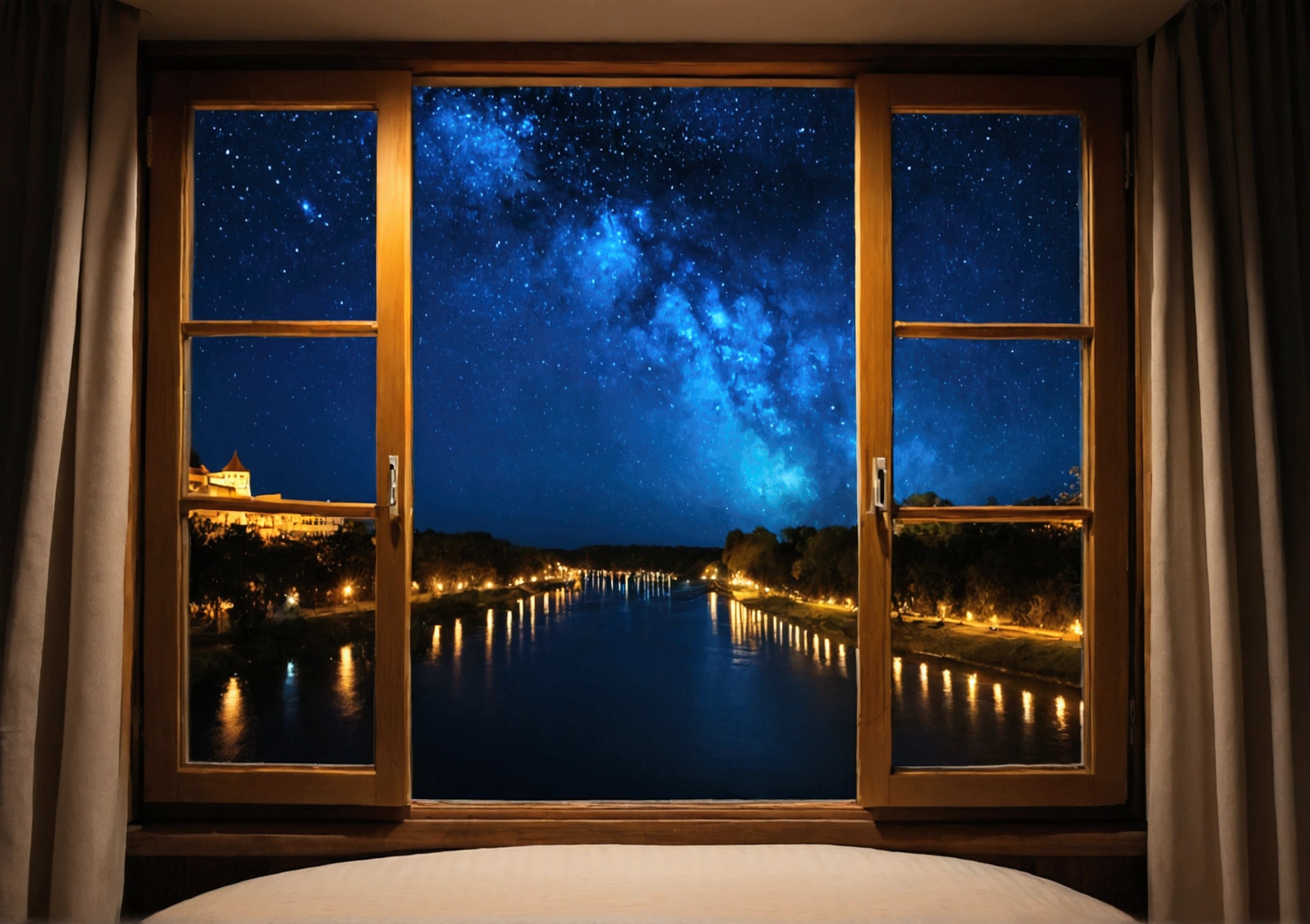 A window with a beautiful view, Night Sky, river.