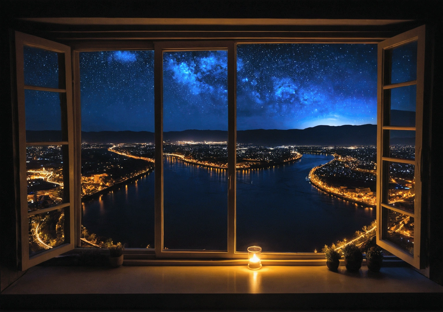 A window with a beautiful view, Night Sky, river.