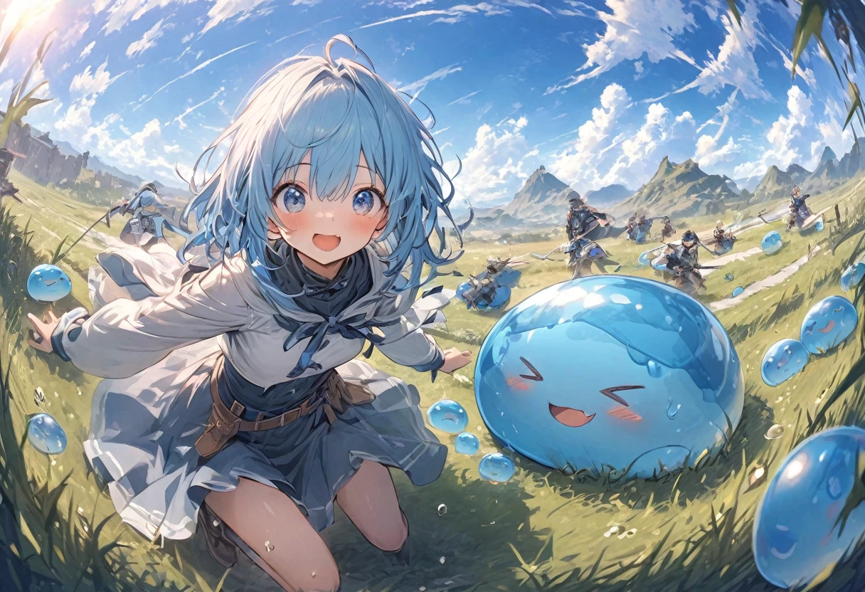 A small, blue-haired swordsman riding a blue slime, grassland、Clear blue sky、adventure、Fisheye Lens:1.2、Feel the depth、Fun Expressions