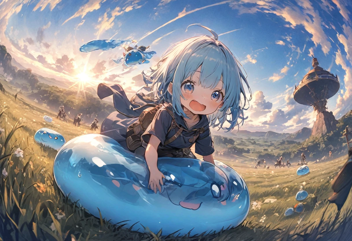A small, blue-haired swordsman riding a blue slime, grassland、Clear blue sky、adventure、Fisheye Lens:1.2、Feel the depth、Fun Expressions