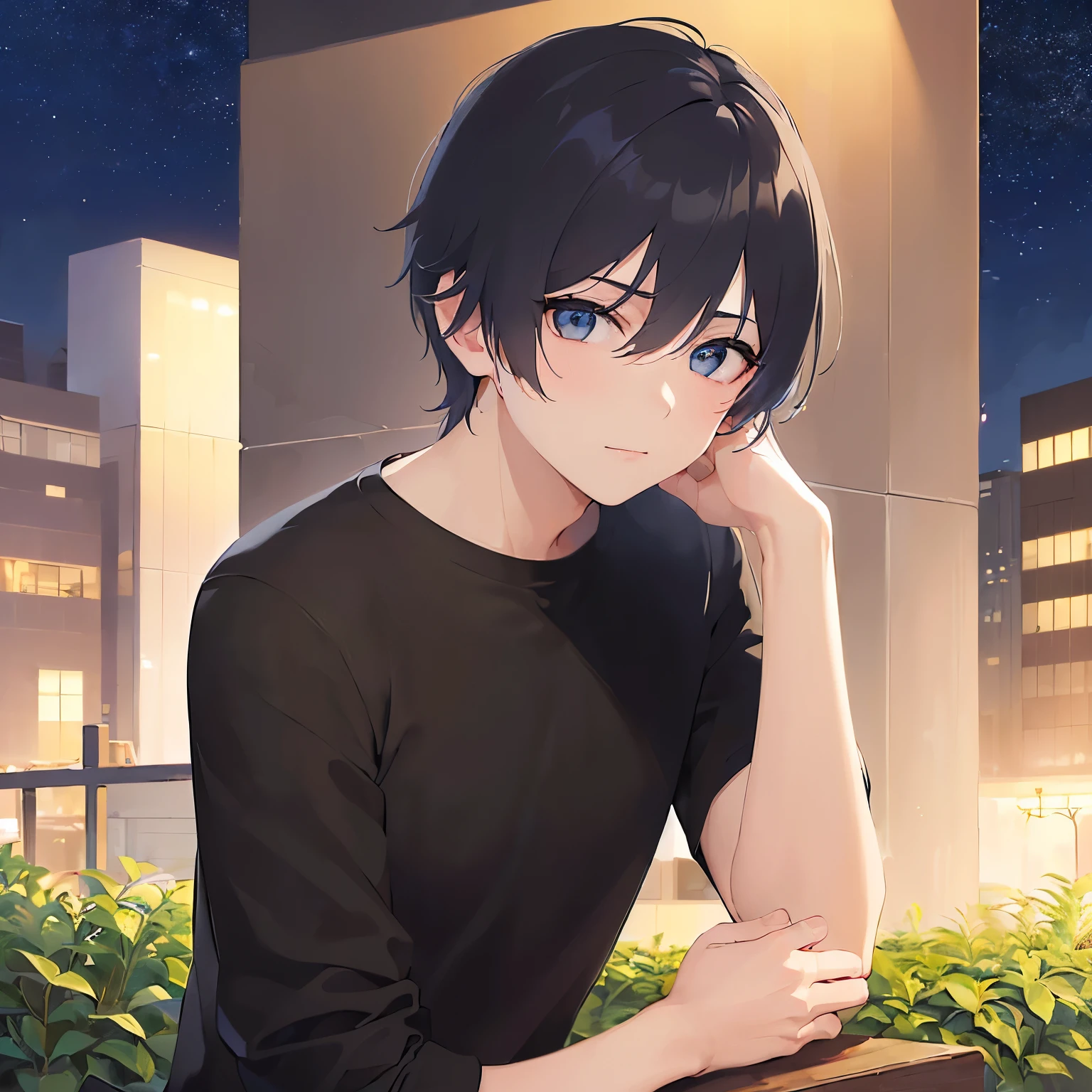 (looking at viewer:1.5),upper body,Side shot、
shiny skin, masterpiece、Highest quality、(35-year-old male:1.5) and (Black short hair) and (blue eyes)
(black) and (T-Shirts),blush、hold your hands in front of you、
Night Park、(Night Sky:1.5)、grass、(alone:1.5)