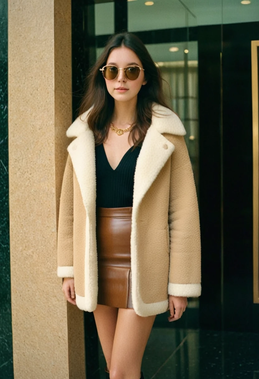 [[highly detailed face]], [[goddess face]], 70s, young woman, calm pose, college girl, wearing a cozy shearling coat over her top, miniskirt, and knee-high boots, brown sunglasses, gold necklaces, full body image, long black hair, stepping out of a luxury hotel lobby entrance, high quality images, unreal engine, perfect skin texture, goddess face, photo depth of field, shadows, grainy, seductive analog lofi (by Oleg Oprisco Laura Makabresku),
