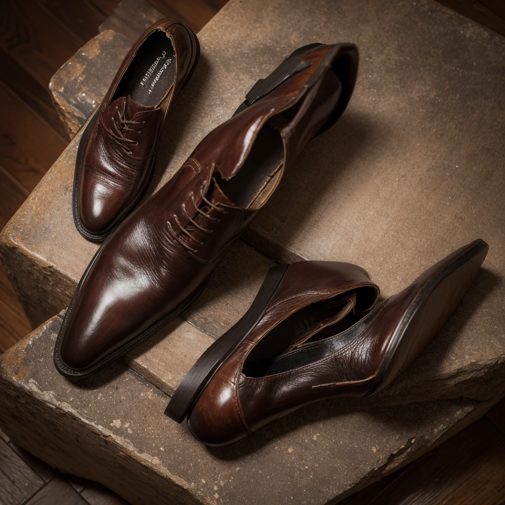 create me an image of a very old leather shoes that is wet and disgusting with no human model and in a very high quality and resolution picture
