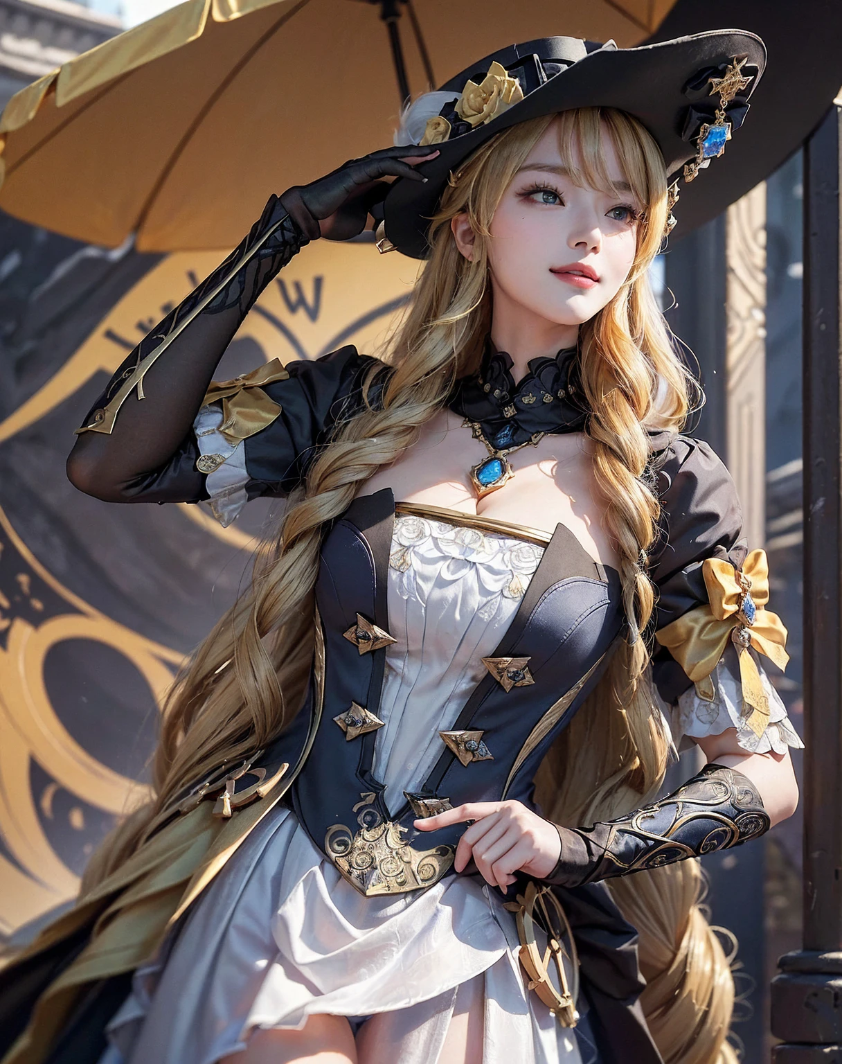 (highly detailed background,masterpiece, top quality、(realistic:1.4), 8k , RAW photos, wear a big hat、golden hair、wear sunglasses、Touch your black sunglasses with your right hand、facing up、Navia \(Genshi Impact\), alone、upper body up、smile、clean face、Perfect 손、Perfect 눈, 파란 색 눈 Perfect 입, peak colored lips, big bust, hip, Perfect, 예쁜 hip, Perfect 몸매, looking at the camera、market background, whole body