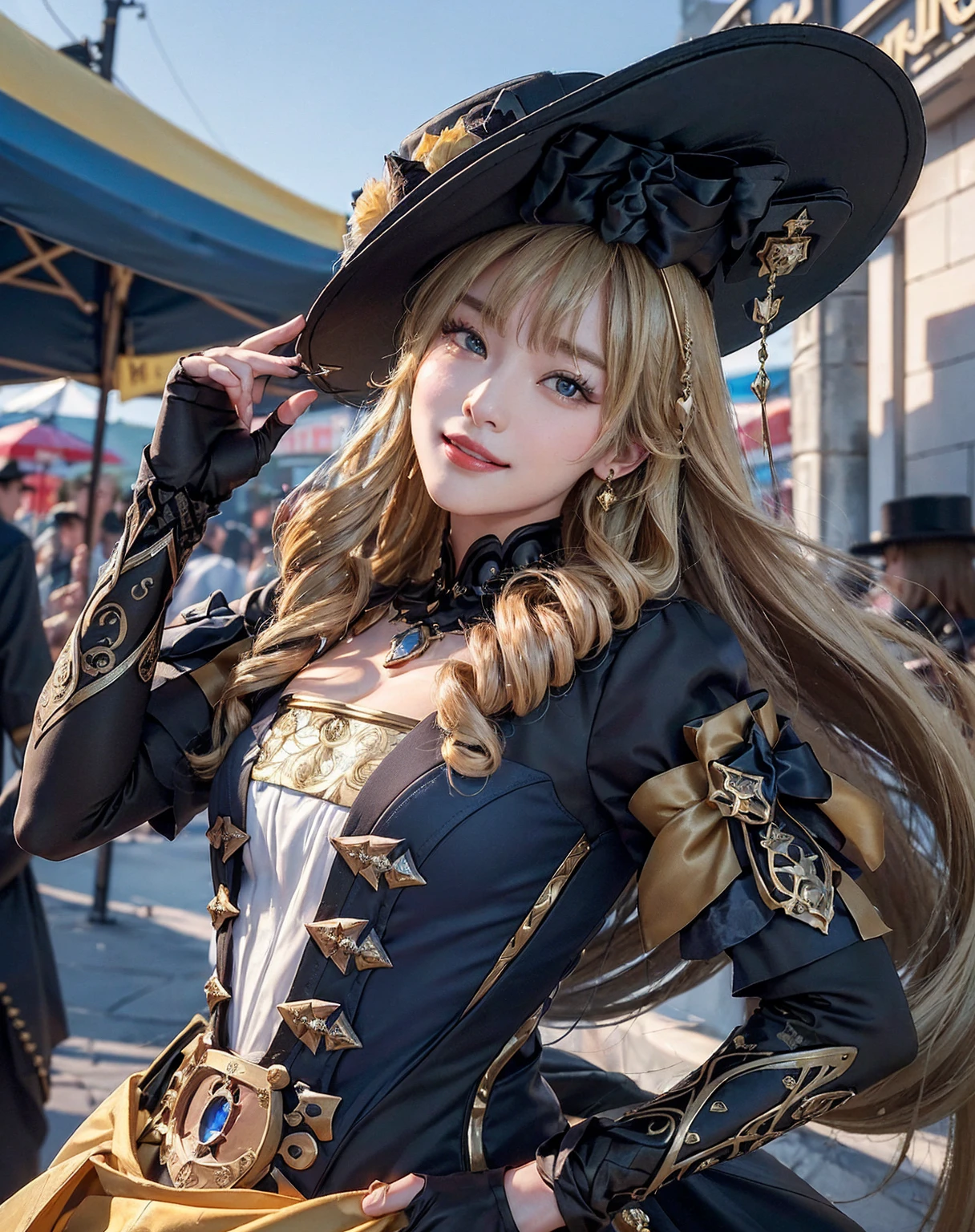 (highly detailed background,masterpiece, top quality、(realistic:1.4), 8k , RAW photos, wear a big hat、golden hair、wear sunglasses、Touch your black sunglasses with your right hand、facing up、Navia \(Genshi Impact\), alone、upper body up、smile、clean face、Perfect 손、Perfect 눈, 파란 색 눈 Perfect 입, peak colored lips, big bust, hip, Perfect, 예쁜 hip, Perfect 몸매, looking at the camera、market background, whole body 