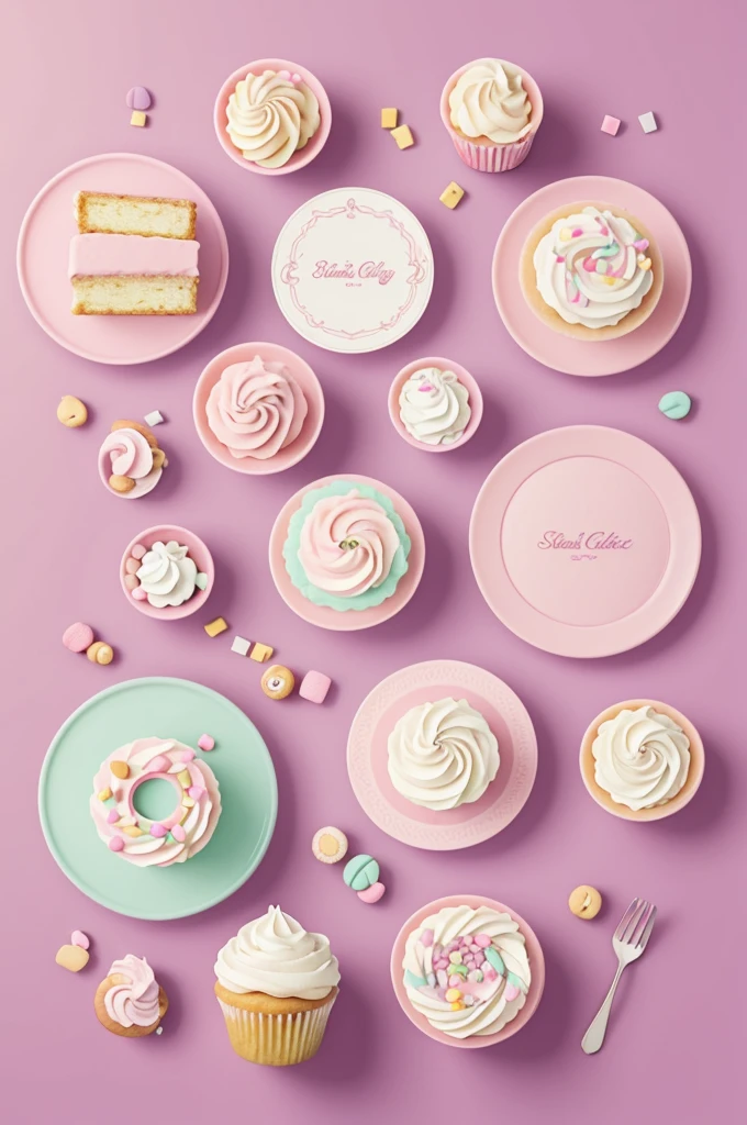Create a logo for a dessert business that contains small cups of cake , small sweet snacks , gives, let it be pastel tones.