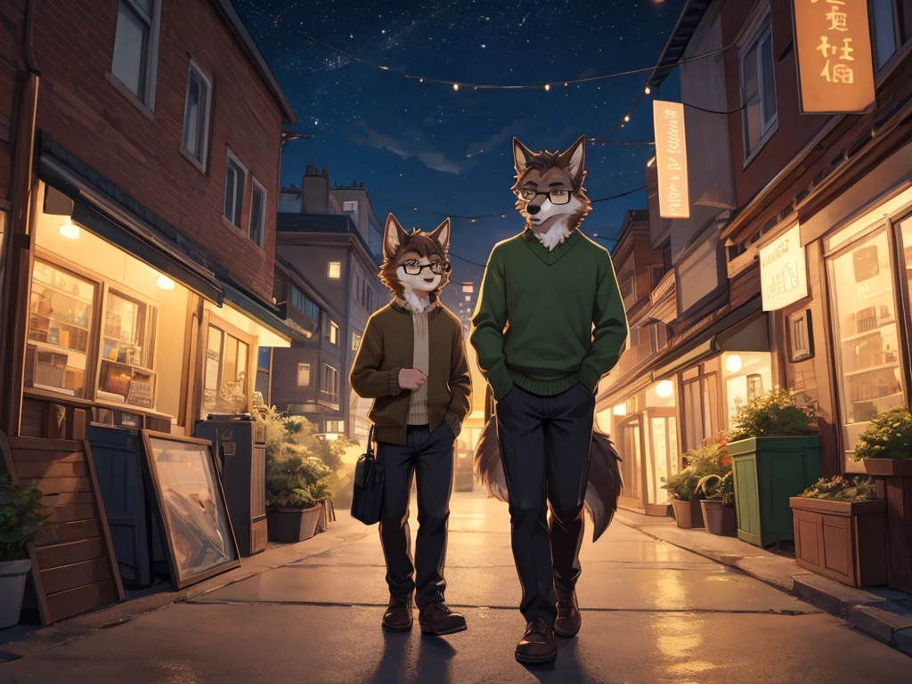 (very detailed illustration: 1.2), best quality, masterpiece, solo, natural lighting, An young anthro wolf with dark brown fur, he has brown eyes and dark brown hair, he has fur on his hands and they have claws, he is dressed in a green sweater, he wears dark colored pants, he also wears glasses, he is standing and he is changing on the sidewalk, he is in the city where there are cars and it is at night where the city is beautiful.
