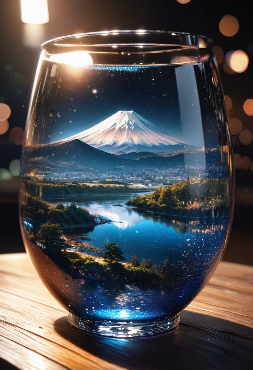 a detailed hyper-realistic 8K glass of water with bubbles, the right side of the glass filled with blue water, beautiful, bright, with Mount Fuji and starry night sky inside the glass, masterpiece, ultra-detailed, realistic, photo-realistic, HDR, studio lighting, physically-based rendering, vivid colors, bokeh