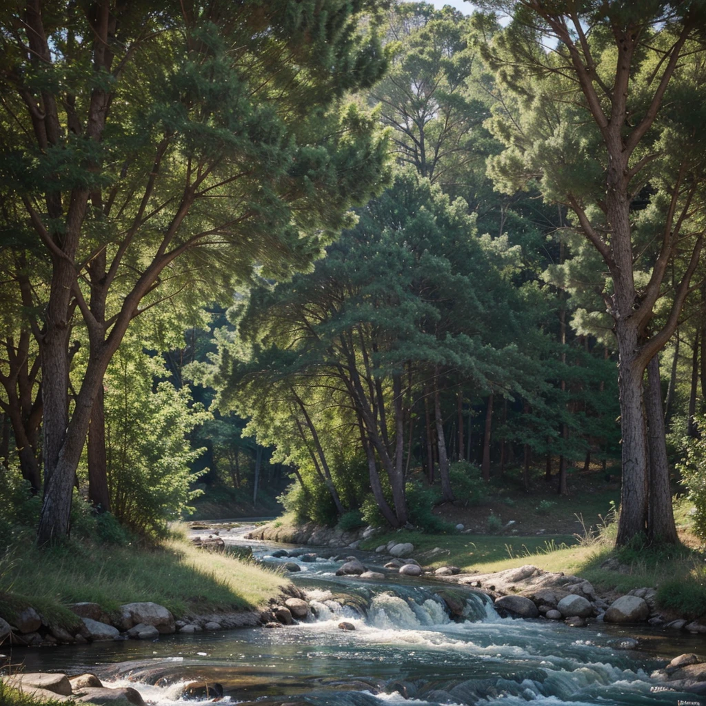 Animated rabbit with landscape and rivers with trees and pines