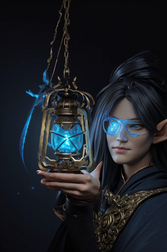 selfie, 1 elf, pointy eays, rpg fantasy, fantasy race. in darkness, holding a lantern in front face (focus on lantern), magic item, large lantern suspended by chain. blue fire lantern, lantern font of light. the lantern shiny bright in blue fire, soo much smoke falling from lantern. priest, hood, light reflect in face and eyes, serious expression. perfect hands [[in 2 hands, 5_fingers, five_finger, 5f, 5_fingered]]. original character, authentic. looking to viewer, focus on talisman and face.  centered, solo character, front view. semi realistic painting style, illustration. blank background, empty.3D, baroque style,oil paint,Rococo style, 3dmm