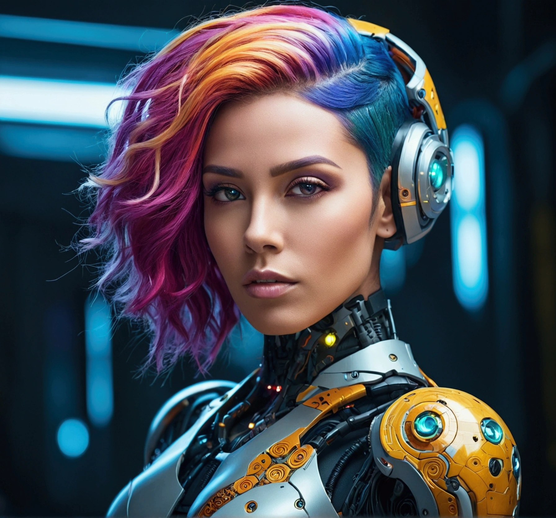 "A stunning, beautiful woman with colorful hair, high-resolution photo capturing the essence of a futuristic cyborg with intricate details and dynamic angles."